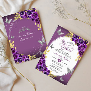 Floral Purple Silver Tiara Butterfly Quinceañera Invitation