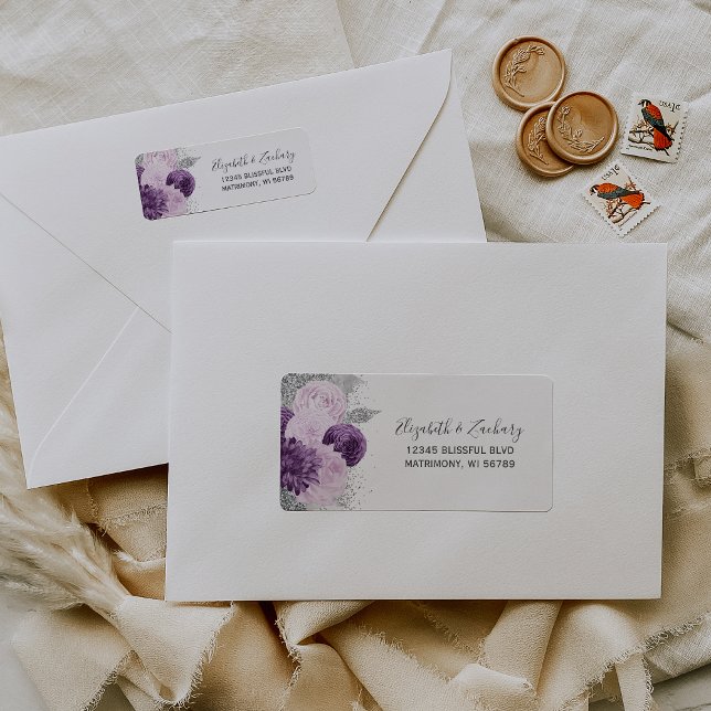 Floral Purple Silver White Wedding Return Address Label (Creator Uploaded)