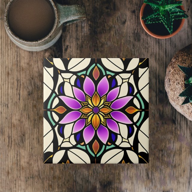 Floral Purple Stained Glass Artwork Ceramic Tile (Creator Uploaded)