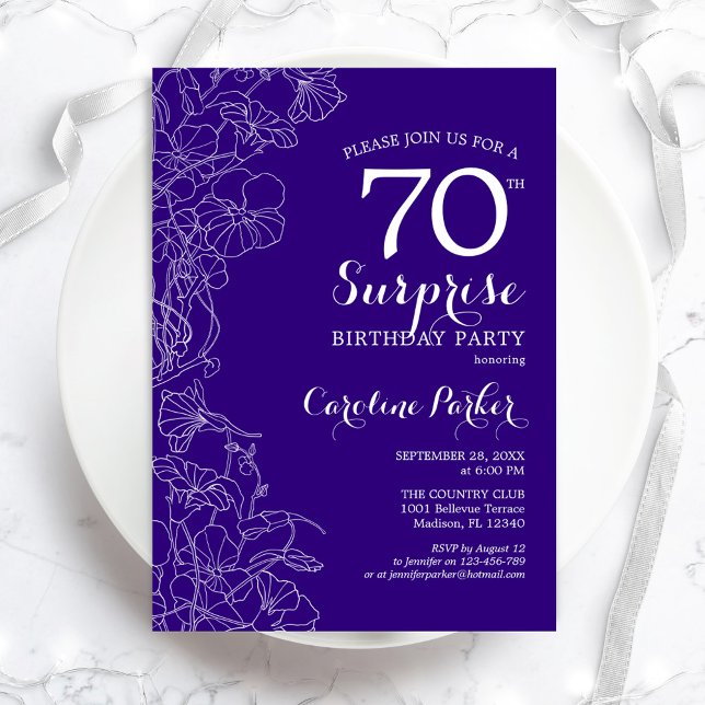 Floral Purple Surprise 70th Birthday Party Invitation (Creator Uploaded)