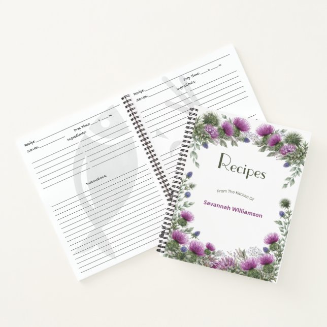 Floral Purple Thistle Elegant Frame Recipe  Notebook (Inside)