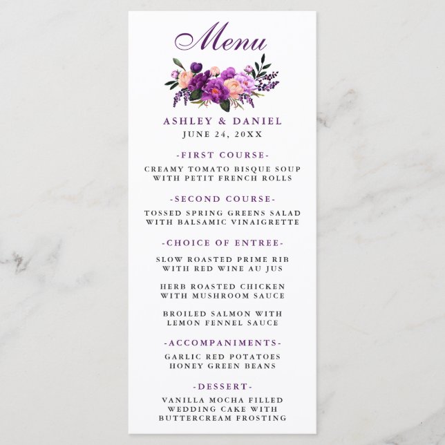 Floral Purple Ultra Violet Wedding Menu (Front)