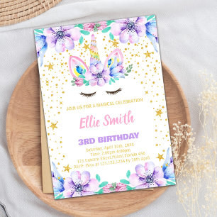 Floral Purple Unicorn Birthday Invitations