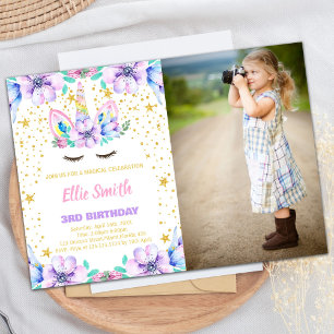 Floral Purple Unicorn Birthday Invitations w photo