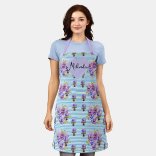 Floral Purple Viola Blue Lilac Pansy Womans Name Apron