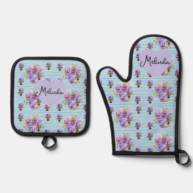 Floral Purple Viola Blue Lilac Pansy Womans Name Oven Mitt & Pot Holder Set (Front)