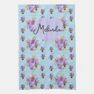Floral Purple Viola Blue Lilac Pansy Womans Name Tea Towel