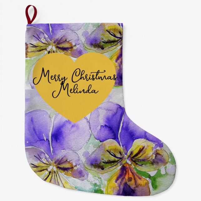 Floral Purple Viola Pansy Christmas Girls Name Large Christmas Stocking (Front)