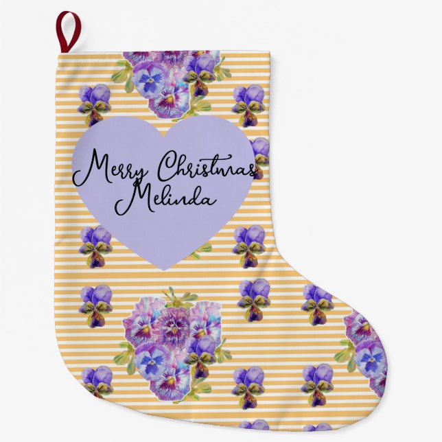 Floral Purple Viola Yellow Pansy Christmas Name Large Christmas Stocking (Front)