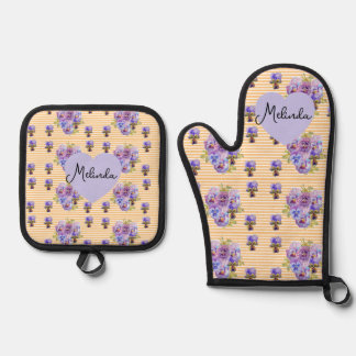 Floral Purple Viola Yellow Pansy Christmas Name Oven Mitt & Pot Holder Set
