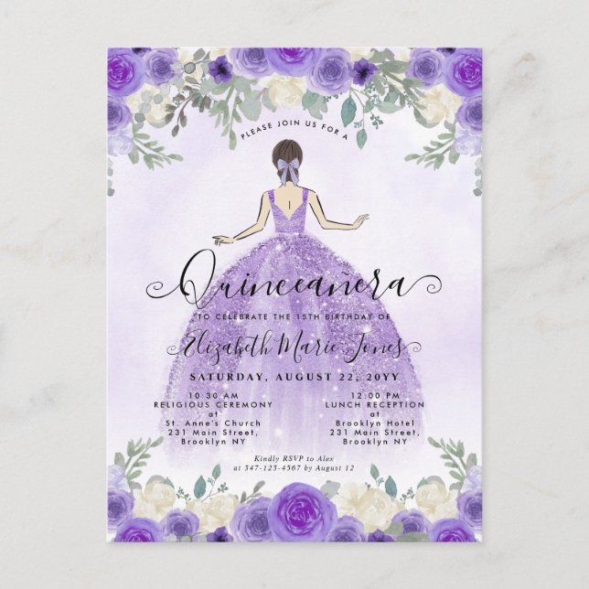 Floral Purple Violet Princess Birthday Quinceanera Postcard (Front)