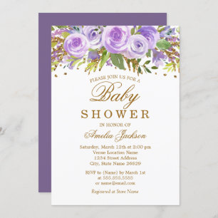 Floral Purple Watercolor Gold Baby Shower Invitation