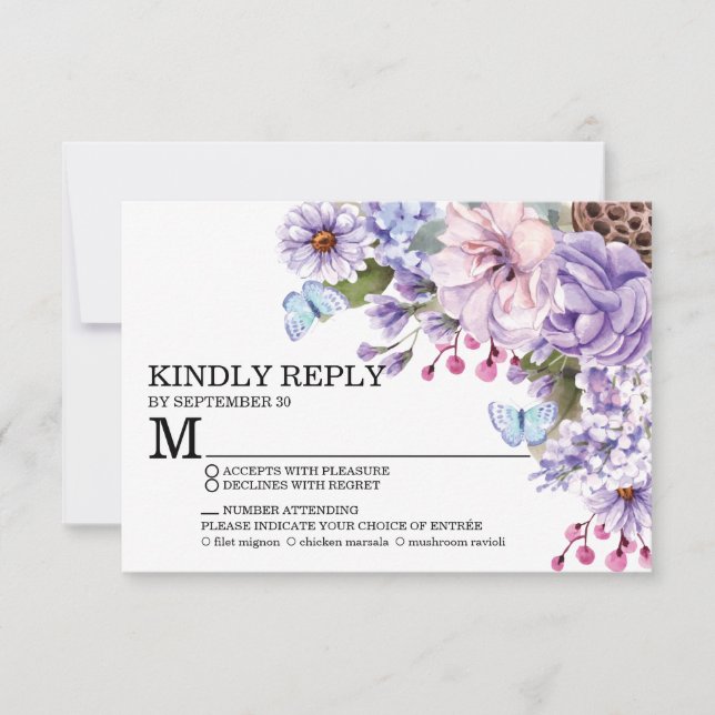Floral Purple Watercolor Wedding Meal Choice RSVP Card (Front)