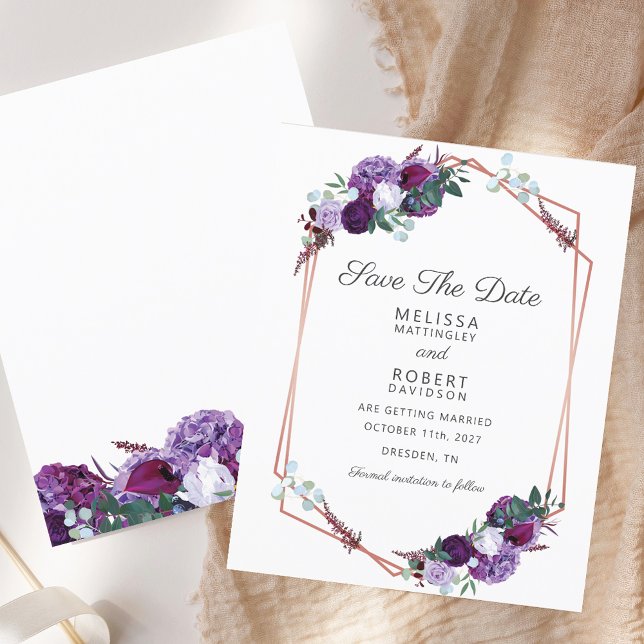 Floral Purple Watercolor Wedding Save the Date (Budget Purple Floral Rose Gold Save the Date)