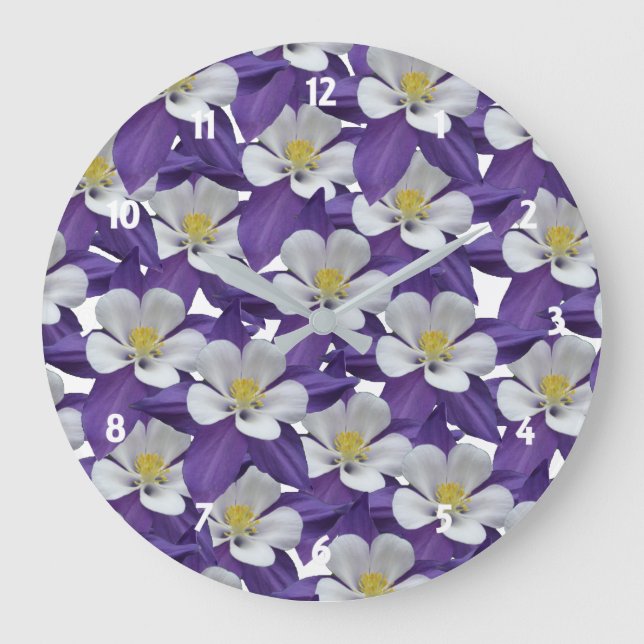 Floral Purple White Columbine Flower Pattern Large Clock (Front)