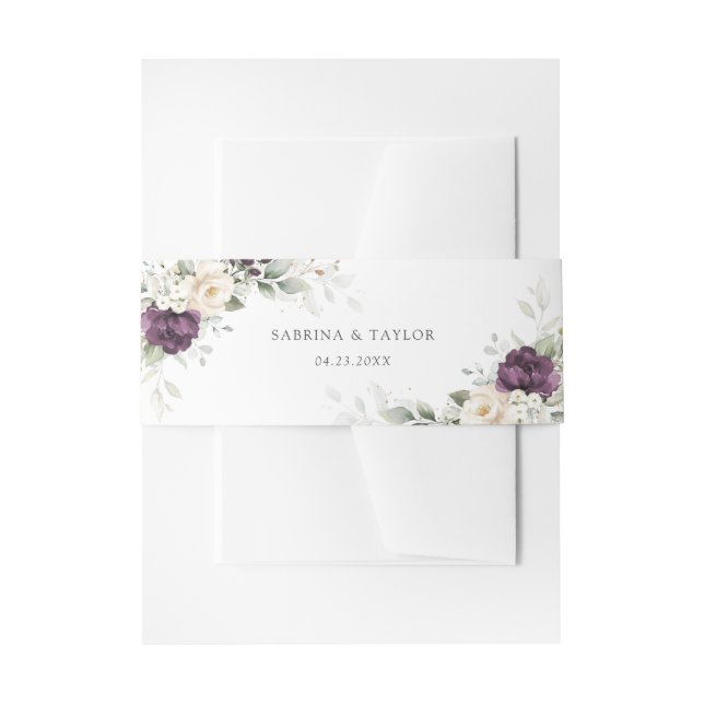 Floral Purple White Greenery Gold Elegant Wedding Invitation Belly Band (Front Example)
