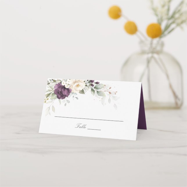 Floral Purple White Greenery Wedding Place Card (Front)