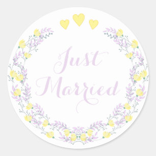 Floral Purple & Yellow Just Married Flower Wreath Classic Round Sticker