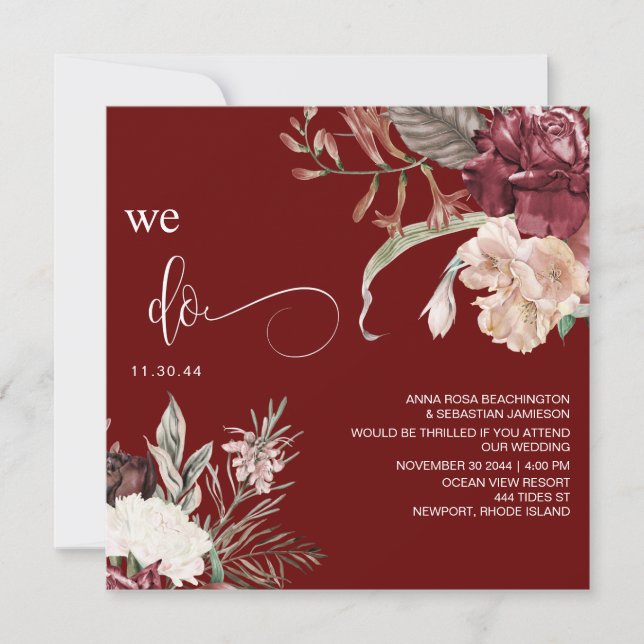 *~* Floral QR Bouquet AR15 RSVP BURGANDY WEDDING Invitation (Front)