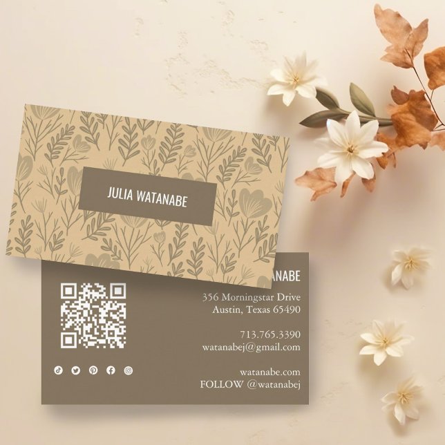 Floral QR Code Social Media Icons Neutrals Chic Business Card (Neutral floral pattern on this custom business card with QR code and social media icons
)