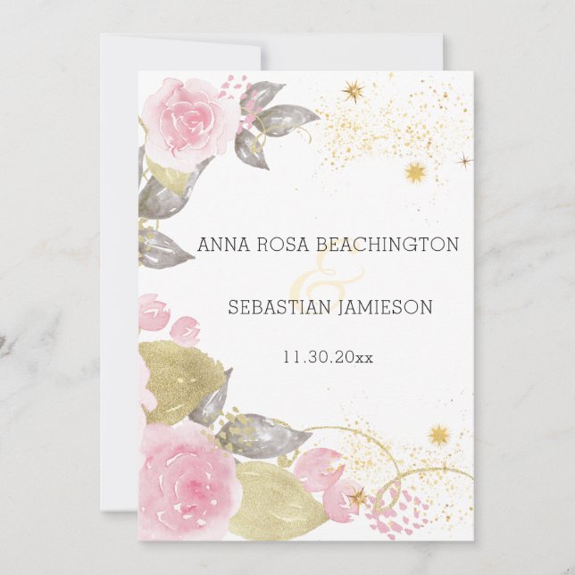 *~* Floral QR Pink Roses AR15 - RSVP Gold Wedding Invitation (Front)