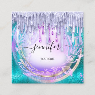 Floral QRCode Professional Shop Drips Glitter  Square Business Card