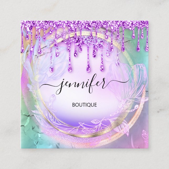 Floral QRCode Professional Shop Drips Holograph Square Business Card (Front)