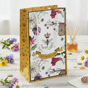 Floral Queen Bee and Gold Crown Photo Small Gift Bag