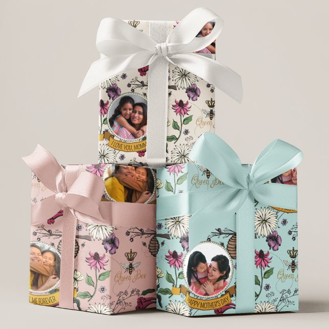 Floral Queen Bee, Gold Crown, Flowers & Photo Wrapping Paper Sheet (Chic Royal Queen Bee & Crown Custom Photo & Personal Message Wrapping Paper Sheets for Mother's Day.)