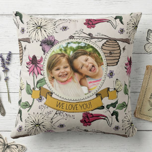 Floral Queen Bee We Love You Kids Photo Cushion