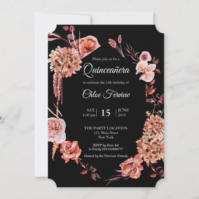 Floral Quinceañera Black invitation (Front)
