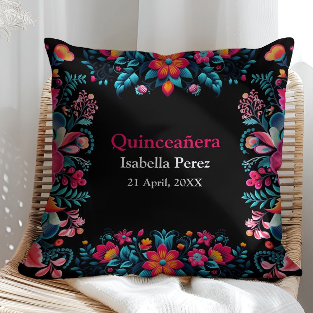 Floral Quinceanera Black Mexican Fiesta Birthday Cushion (Floral Quinceanera Black Mexican Fiesta Birthday Throw Pillow on a sunny rattan chair.)