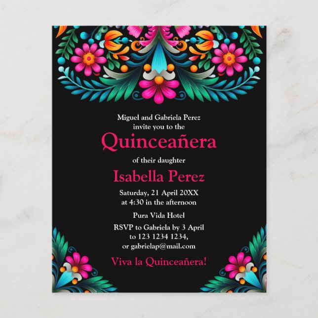 Floral Quinceanera Black Mexican Fiesta Birthday Flyer (Front)