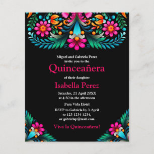 Floral Quinceanera Black Mexican Fiesta Birthday Flyer