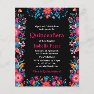 Floral Quinceanera Black Mexican Fiesta Birthday Flyer