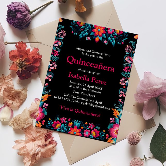 Floral Quinceanera Black Mexican Fiesta Birthday Postcard (Floral Quinceanera Black Mexican Fiesta Birthday Postcard on a table surrounded with flowers.)