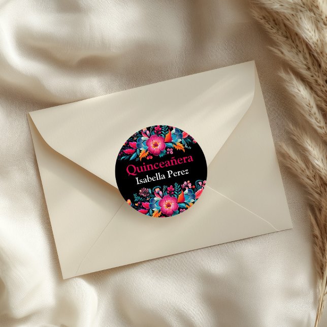 Floral Quinceanera Black Mexican Fiesta Classic Round Sticker (Floral Quinceanera Black Mexican Fiesta Classic Round Sticker on an elegant envelope.)