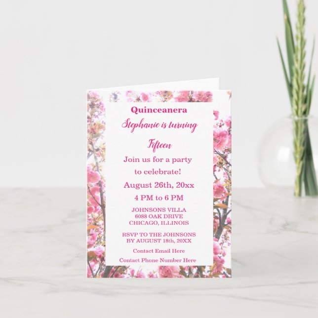 Floral Quinceanera Fifteenth Birthday Pink Cherry Invitation (Front)
