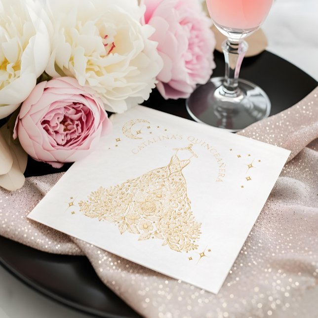 Floral Quinceañera Gown Glam Celestial Moon Stars Foil Napkins (Floral Quinceañera Gown Glam Celestial Moon Stars Foil Napkins)