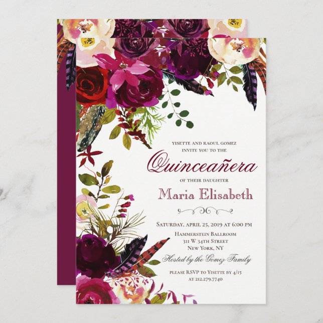 Floral Quinceanera Invitation (Front/Back)