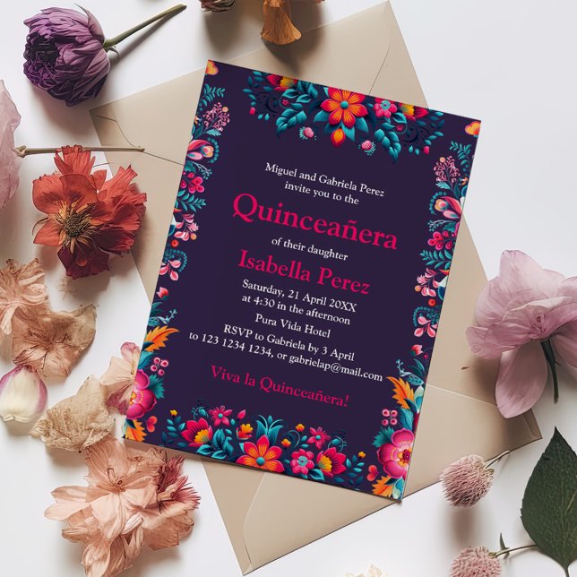 Floral Quinceanera Mexican Fiesta Birthday Invitation (Floral Quinceanera Mexican Fiesta Birthday Invitation on a table with colorful flowers.)