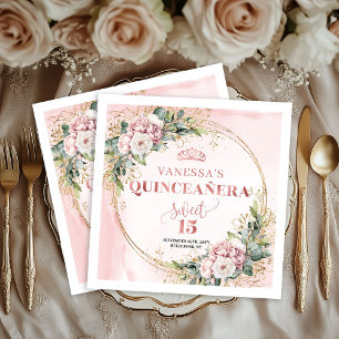 Floral Quinceañera Napkins in Dusty Pink and Gold