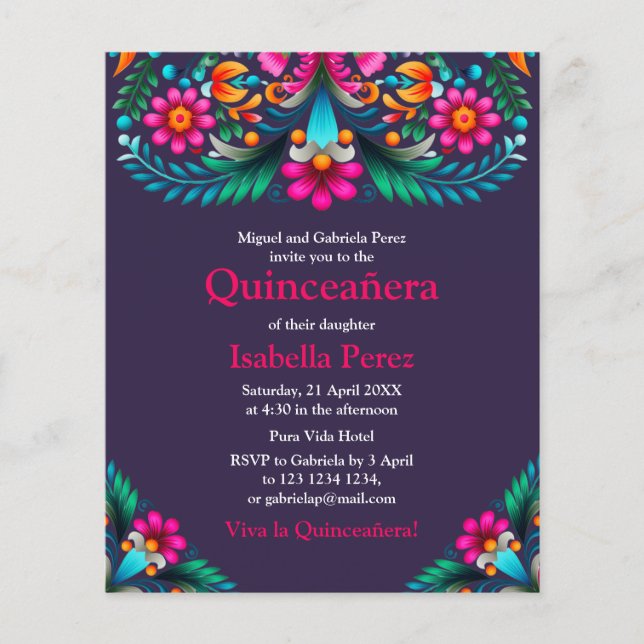Floral Quinceanera Purple Mexican Fiesta Birthday Flyer (Front)