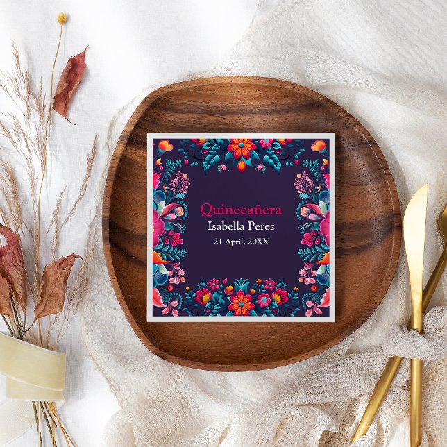 Floral Quinceanera Purple Mexican Fiesta Birthday Napkin (Floral Quinceanera Purple Mexican Fiesta Birthday Napkins on a table with flowers.)