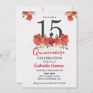 Floral Quinceanera Red Burgundy 15th Birthday Invitation