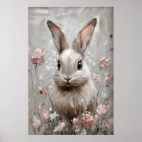 Floral Rabbit Portrait Print, Vintage Bunny Wall