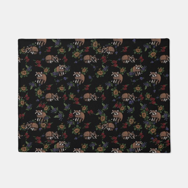 Floral Raccoons Cute Sleeping Racoon Pattern Doormat (Front)