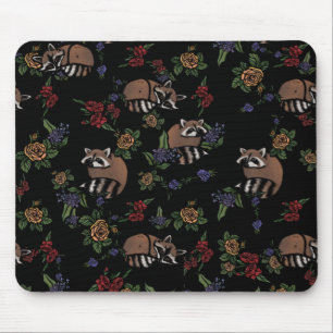 Floral Raccoons Cute Sleeping Racoon Pattern Mouse Pad