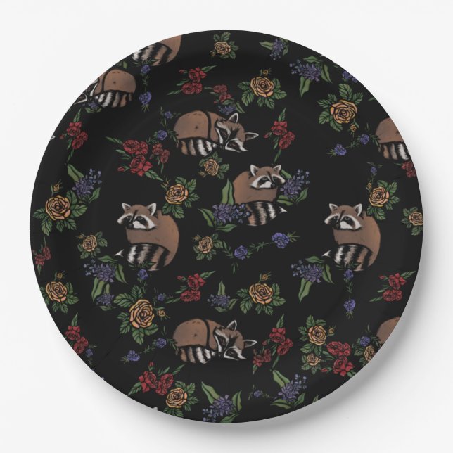 Floral Raccoons Cute Sleeping Racoon Pattern Paper Plate (Front)