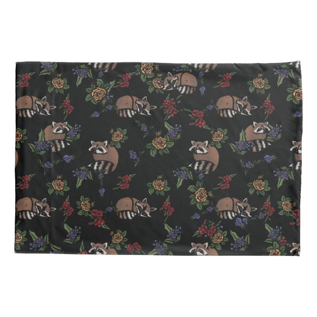 Floral Raccoons Cute Sleeping Racoon Pattern Pillowcase (Back)